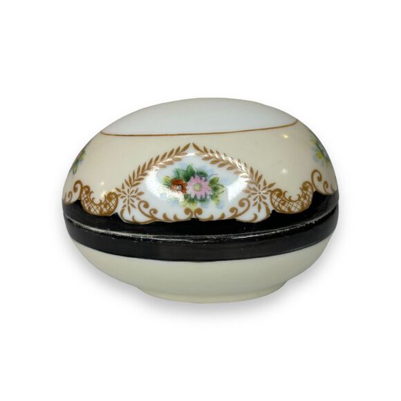 VTG Hand-Painted Porcelain China Egg Trinket Dish Floral Black Ivory "M" Japan - Picture 1 of 8